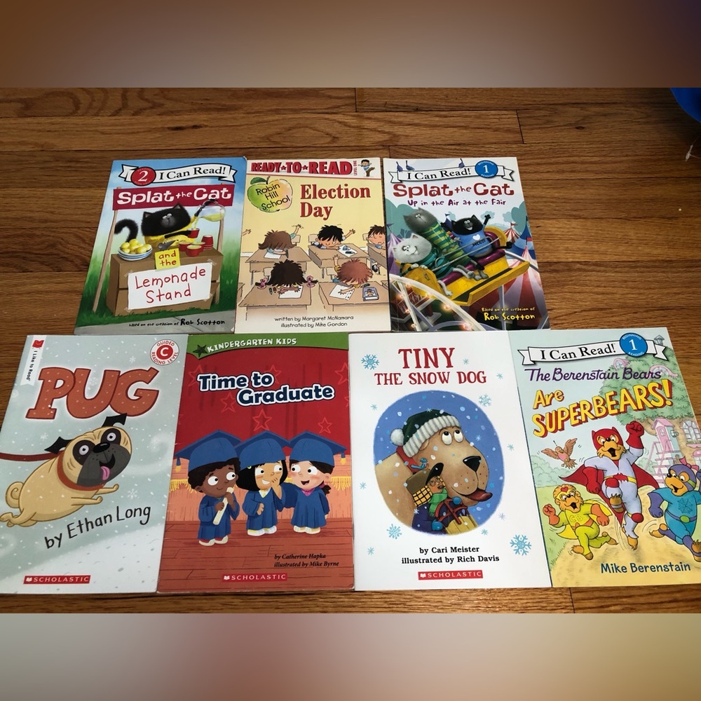 Kids book bundle lot of 7 books‎  My first reading books splat the cat, Pug etc